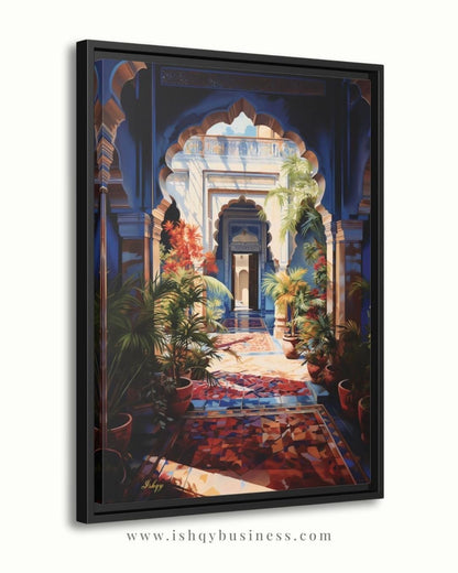 Moroccan Courtyard Wall Art, Riad Arch Painting, Islamic Architecture Canvas, Mediterranean Home Decor, Travel Art Print
