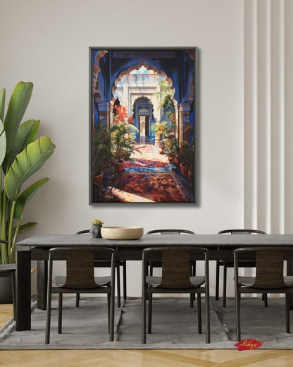 Moroccan Courtyard Wall Art, Riad Arch Painting, Islamic Architecture Canvas, Mediterranean Home Decor, Travel Art Print