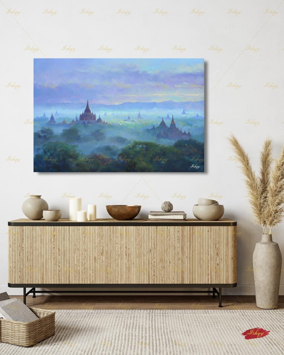 Bagan Myanmar Wall Art Canvas Print, Burmese Temple Landscape Painting, Southeast Asia Travel Decor, Large Living Room Art