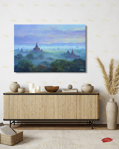 Bagan Myanmar Wall Art Canvas Print, Burmese Temple Landscape Painting, Southeast Asia Travel Decor, Large Living Room Art