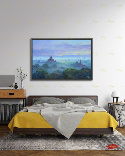 Bagan Myanmar Wall Art Canvas Print, Burmese Temple Landscape Painting, Southeast Asia Travel Decor, Large Living Room Art