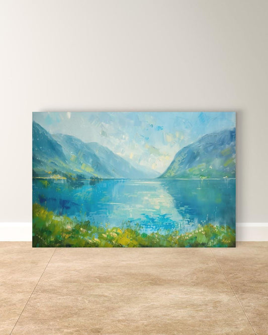 Norwegian Fjords Wall Art, Scandinavian Landscape Canvas Print, Nordic Lake Mountain Artwork, Blue Nature Decor for Living Room