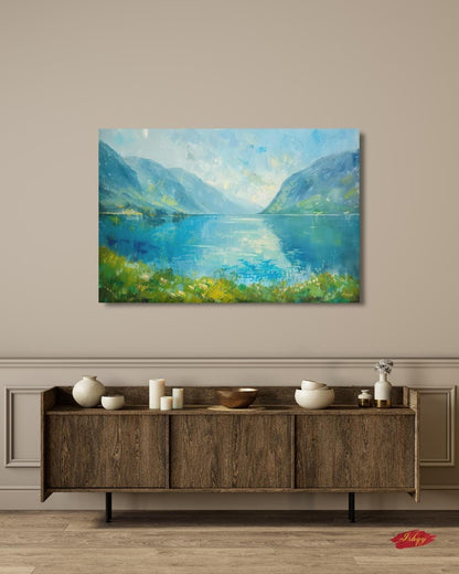 Norwegian Fjords Wall Art, Scandinavian Landscape Canvas Print, Nordic Lake Mountain Artwork, Blue Nature Decor for Living Room