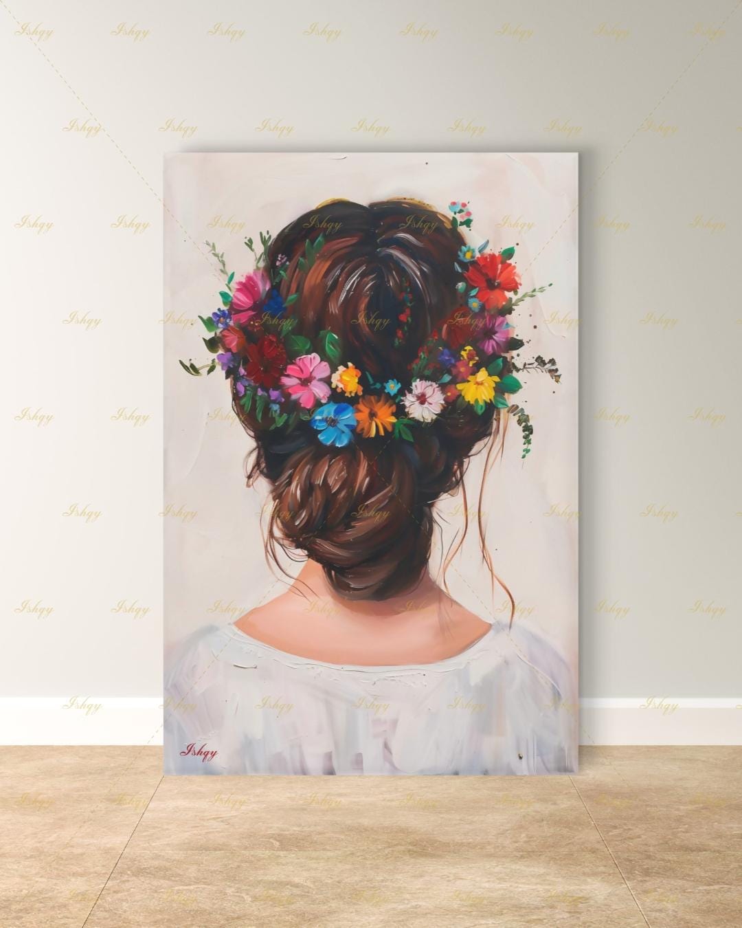 Woman with Flower Crown Wall Art, Floral Hair Canvas Print, Large Framed Bohemian Portrait Decor, Romantic Gift, Impasto Style Painting