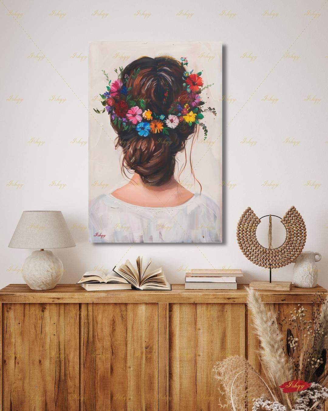 Woman with Flower Crown Wall Art, Floral Hair Canvas Print, Large Framed Bohemian Portrait Decor, Romantic Gift, Impasto Style Painting