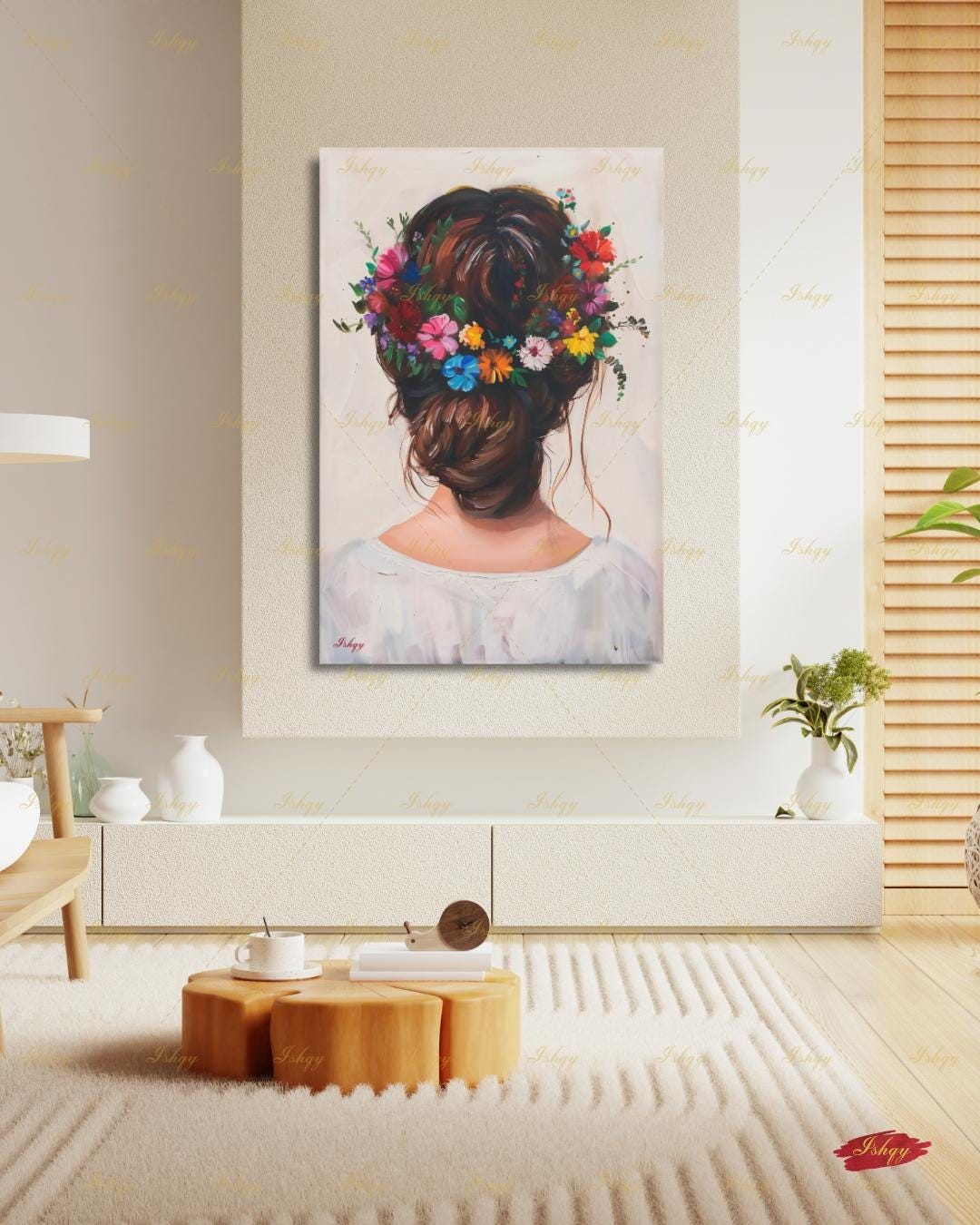 Woman with Flower Crown Wall Art, Floral Hair Canvas Print, Large Framed Bohemian Portrait Decor, Romantic Gift, Impasto Style Painting