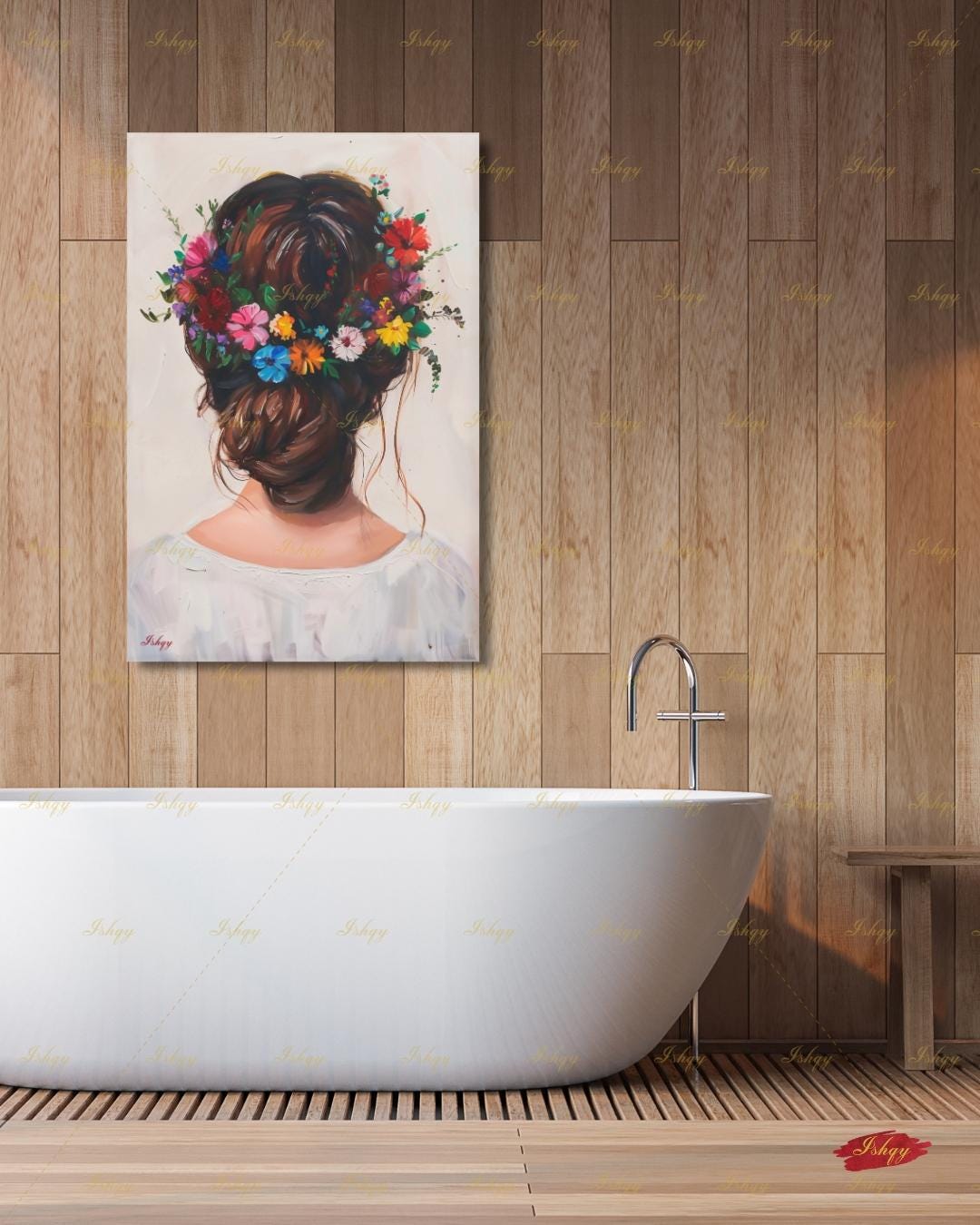 Woman with Flower Crown Wall Art, Floral Hair Canvas Print, Large Framed Bohemian Portrait Decor, Romantic Gift, Impasto Style Painting
