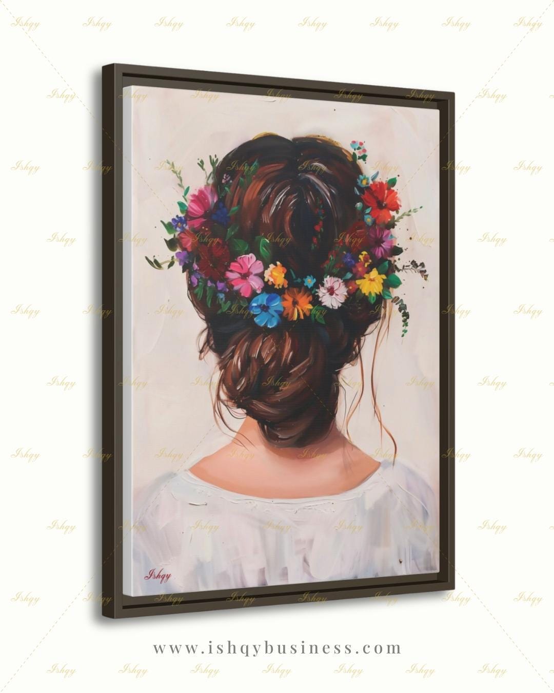 Woman with Flower Crown Wall Art, Floral Hair Canvas Print, Large Framed Bohemian Portrait Decor, Romantic Gift, Impasto Style Painting
