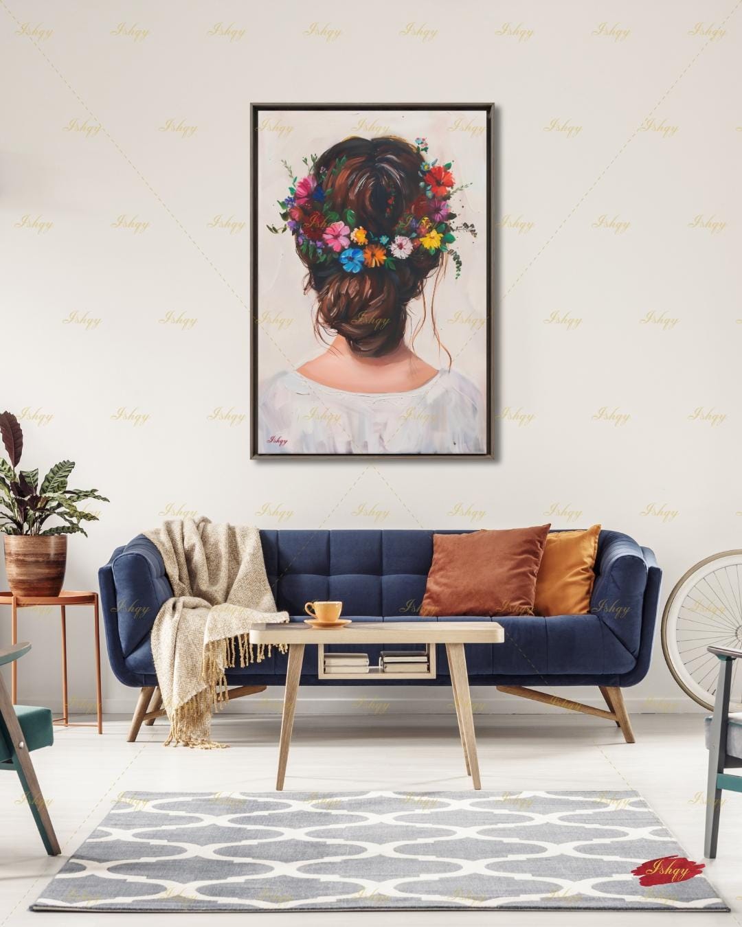Woman with Flower Crown Wall Art, Floral Hair Canvas Print, Large Framed Bohemian Portrait Decor, Romantic Gift, Impasto Style Painting