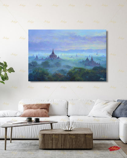 Bagan Myanmar Wall Art Canvas Print, Burmese Temple Landscape Painting, Southeast Asia Travel Decor, Large Living Room Art