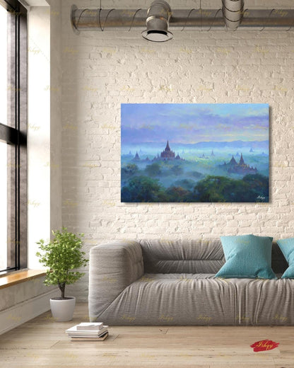 Bagan Myanmar Wall Art Canvas Print, Burmese Temple Landscape Painting, Southeast Asia Travel Decor, Large Living Room Art