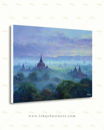 Bagan Myanmar Wall Art Canvas Print, Burmese Temple Landscape Painting, Southeast Asia Travel Decor, Large Living Room Art