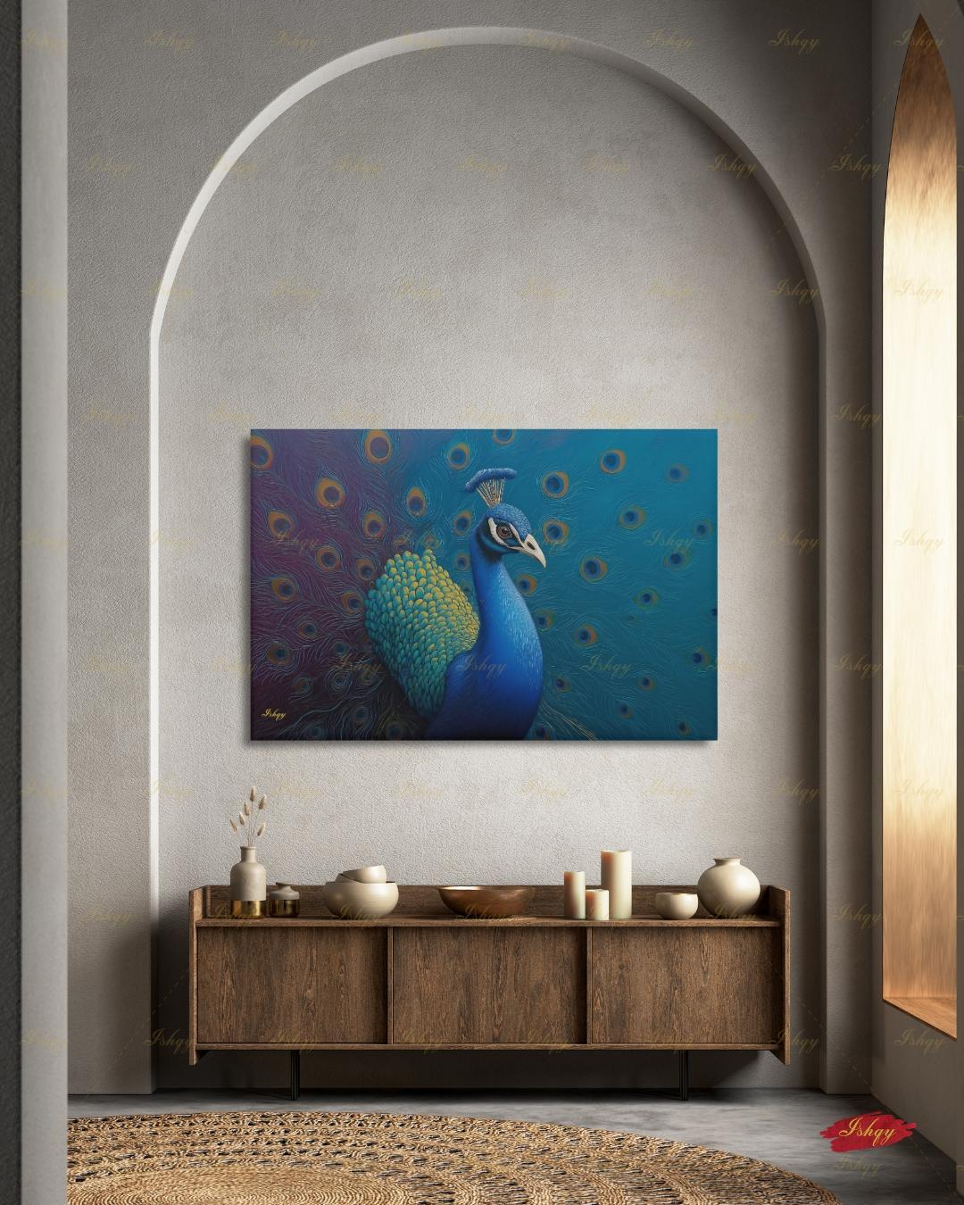 Peacock Wall Art Canvas Print, Blue Teal Bird Painting, Boho Glam Decor, Maximalist Botanical Style, Statement Living Room Artwork