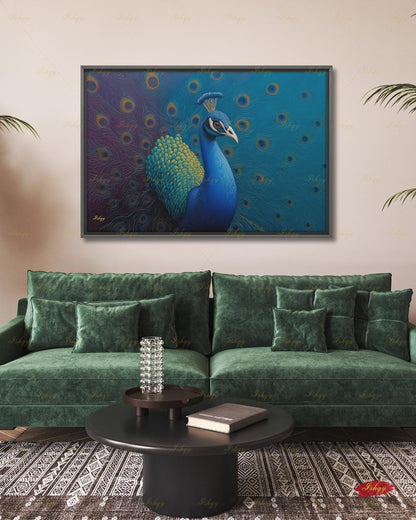 Peacock Wall Art Canvas Print, Blue Teal Bird Painting, Boho Glam Decor, Maximalist Botanical Style, Statement Living Room Artwork