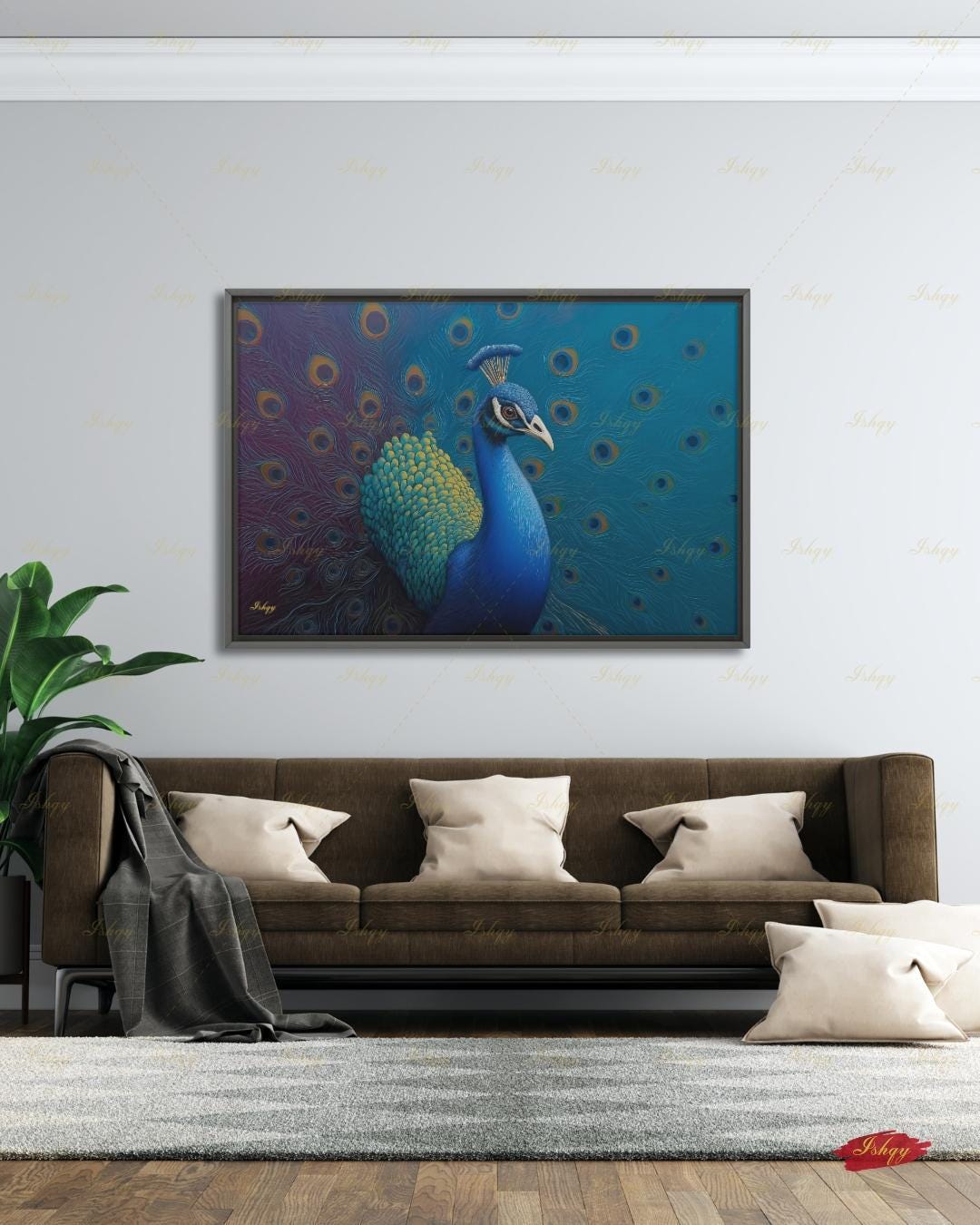 Peacock Wall Art Canvas Print, Blue Teal Bird Painting, Boho Glam Decor, Maximalist Botanical Style, Statement Living Room Artwork