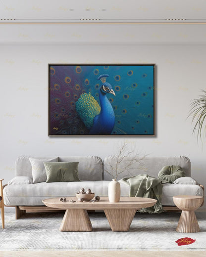 Peacock Wall Art Canvas Print, Blue Teal Bird Painting, Boho Glam Decor, Maximalist Botanical Style, Statement Living Room Artwork