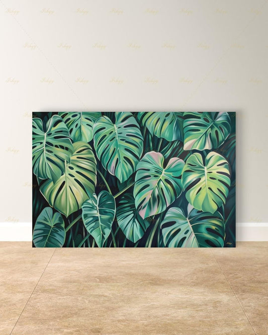 Monstera Leaf Wall Art, Tropical Botanical Canvas Print, Green Plant Decor, Modern Jungle Painting, Boho Living Room Bedroom Home Wall Decor