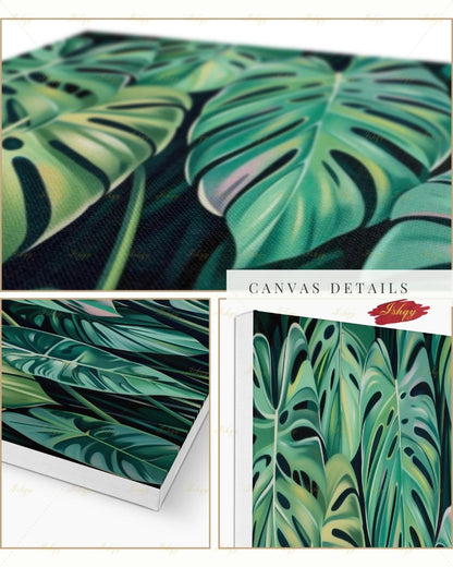 Monstera Leaf Wall Art, Tropical Botanical Canvas Print, Green Plant Decor, Modern Jungle Painting, Boho Living Room Bedroom Home Wall Decor