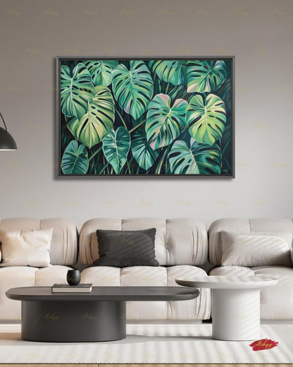 Monstera Leaf Wall Art, Tropical Botanical Canvas Print, Green Plant Decor, Modern Jungle Painting, Boho Living Room Bedroom Home Wall Decor
