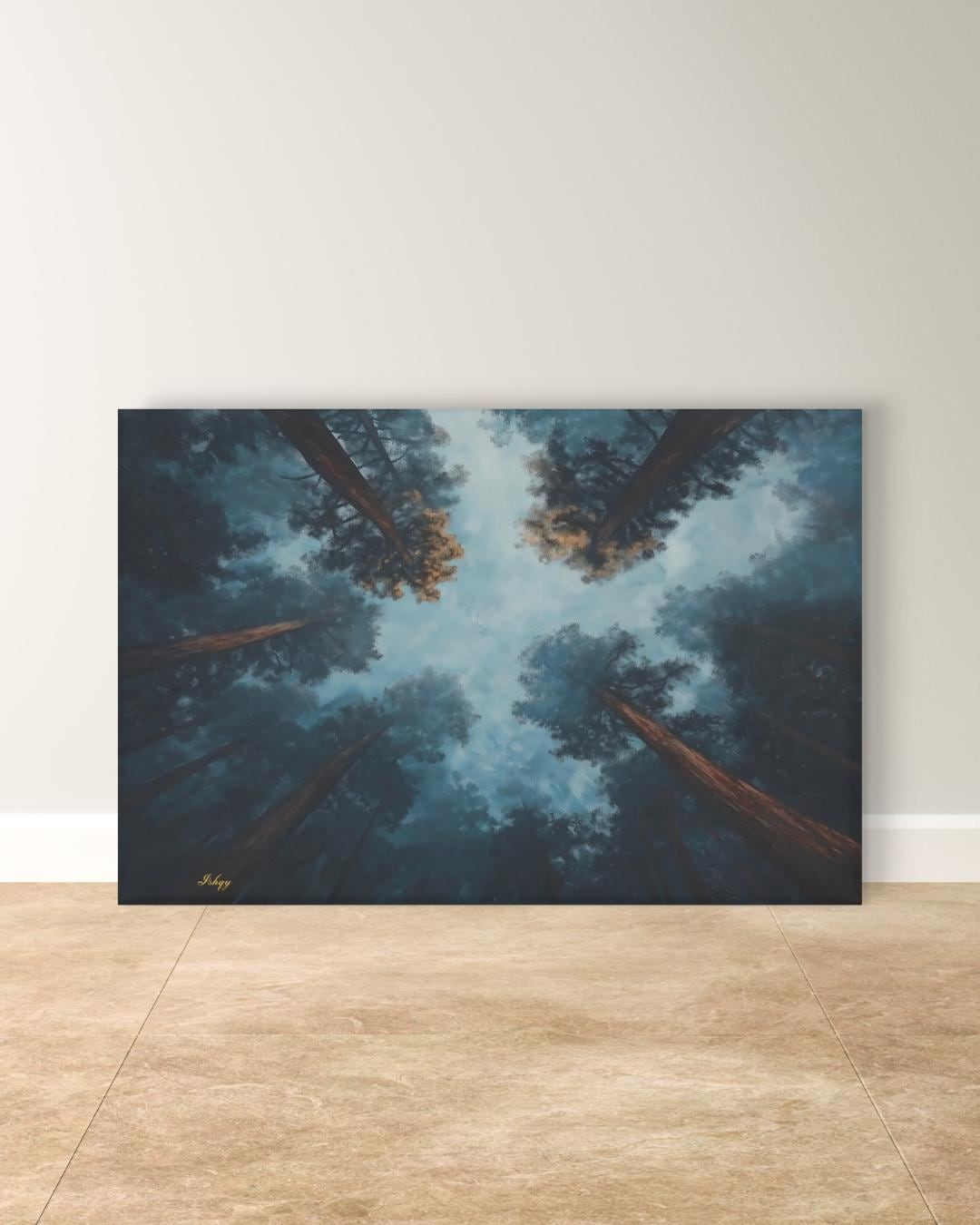 Forest Wall Art, Looking Up Trees Canvas, Misty Redwood Canopy Print, Moody Pine Sky View, Nature Landscape Decor, Large Wall Art Gift Print