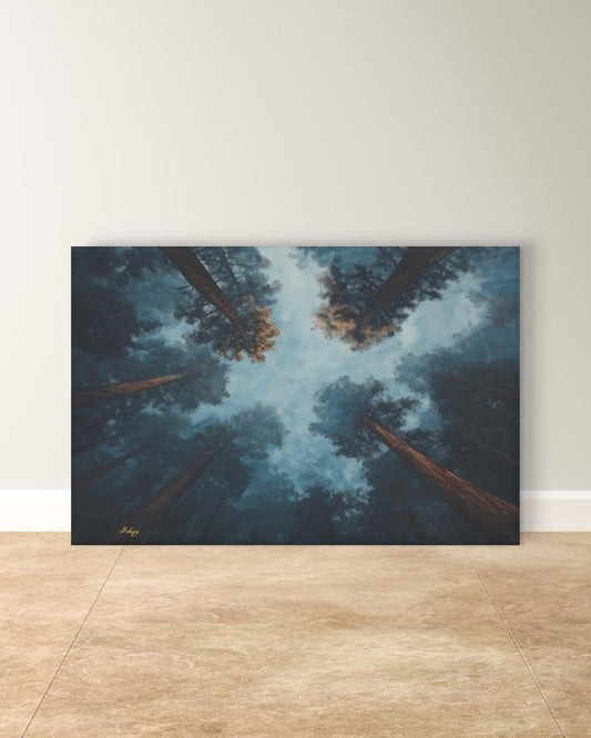 Forest Wall Art, Looking Up Trees Canvas, Misty Redwood Canopy Print, Moody Pine Sky View, Nature Landscape Decor, Large Wall Art Gift Print