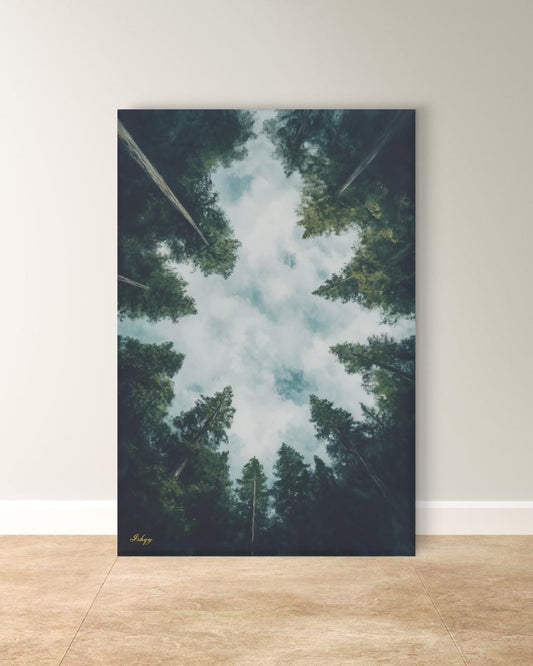 Forest Wall Art, Looking Up Trees Print, Redwood Canopy Canvas, Moody Nature Landscape, Pine Tree Sky View, Large Wall Decor Gift, Cabin Art