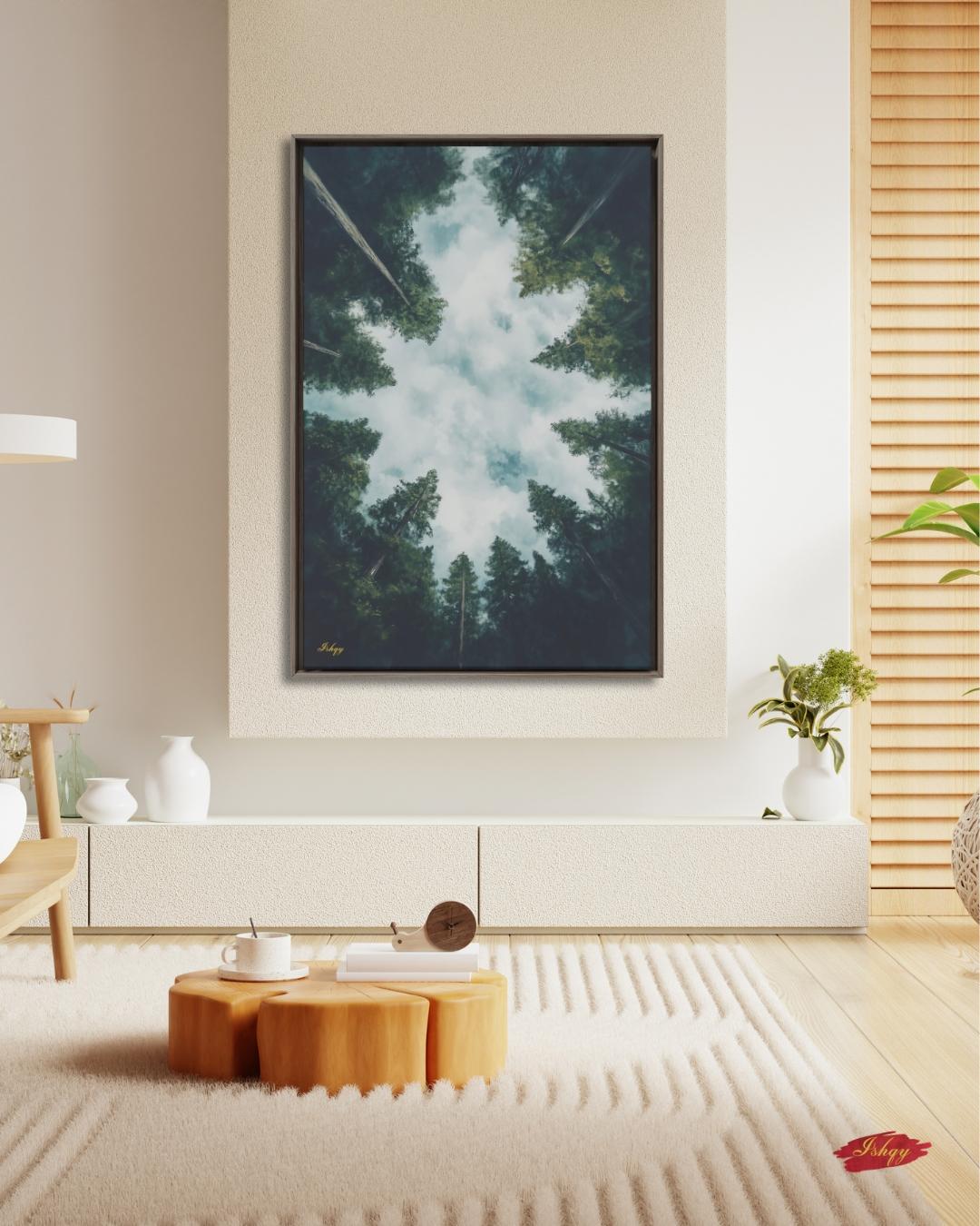 Forest Wall Art, Looking Up Trees Print, Redwood Canopy Canvas, Moody Nature Landscape, Pine Tree Sky View, Large Wall Decor Gift, Cabin Art
