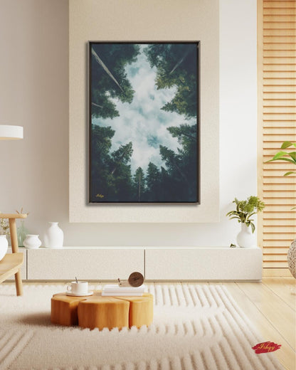 Forest Wall Art, Looking Up Trees Print, Redwood Canopy Canvas, Moody Nature Landscape, Pine Tree Sky View, Large Wall Decor Gift, Cabin Art