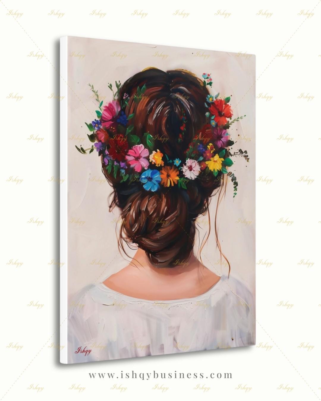Woman with Flower Crown Wall Art, Floral Hair Canvas Print, Large Framed Bohemian Portrait Decor, Romantic Gift, Impasto Style Painting