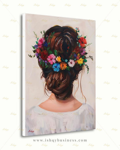 Woman with Flower Crown Wall Art, Floral Hair Canvas Print, Large Framed Bohemian Portrait Decor, Romantic Gift, Impasto Style Painting