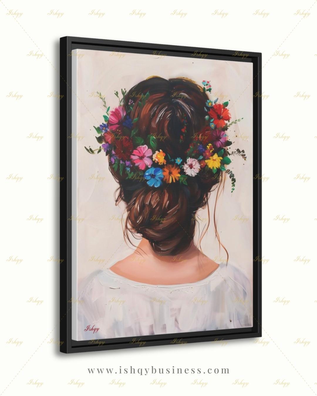Woman with Flower Crown Wall Art, Floral Hair Canvas Print, Large Framed Bohemian Portrait Decor, Romantic Gift, Impasto Style Painting