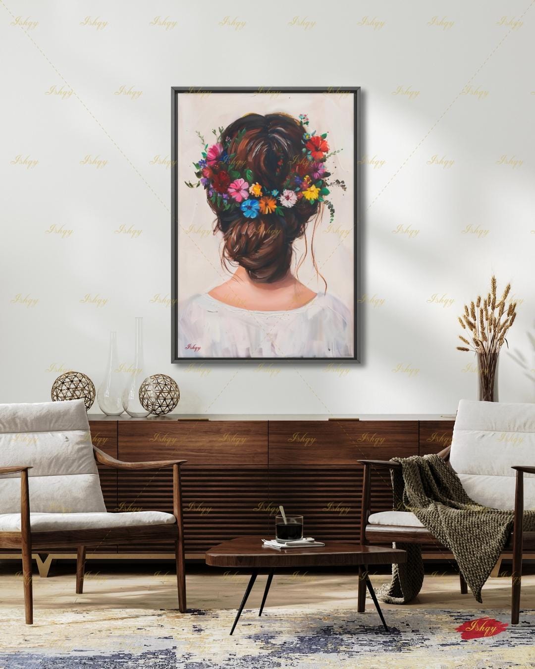 Woman with Flower Crown Wall Art, Floral Hair Canvas Print, Large Framed Bohemian Portrait Decor, Romantic Gift, Impasto Style Painting