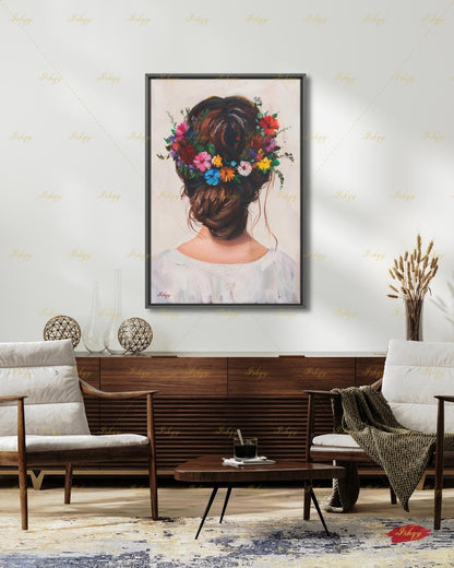 Woman with Flower Crown Wall Art, Floral Hair Canvas Print, Large Framed Bohemian Portrait Decor, Romantic Gift, Impasto Style Painting