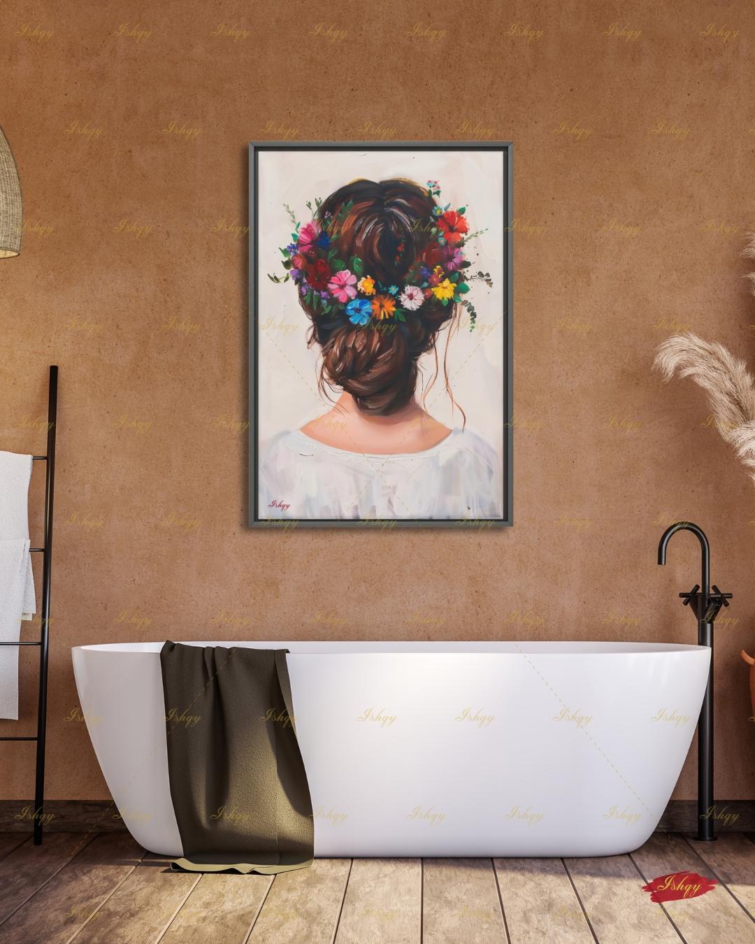 Woman with Flower Crown Wall Art, Floral Hair Canvas Print, Large Framed Bohemian Portrait Decor, Romantic Gift, Impasto Style Painting
