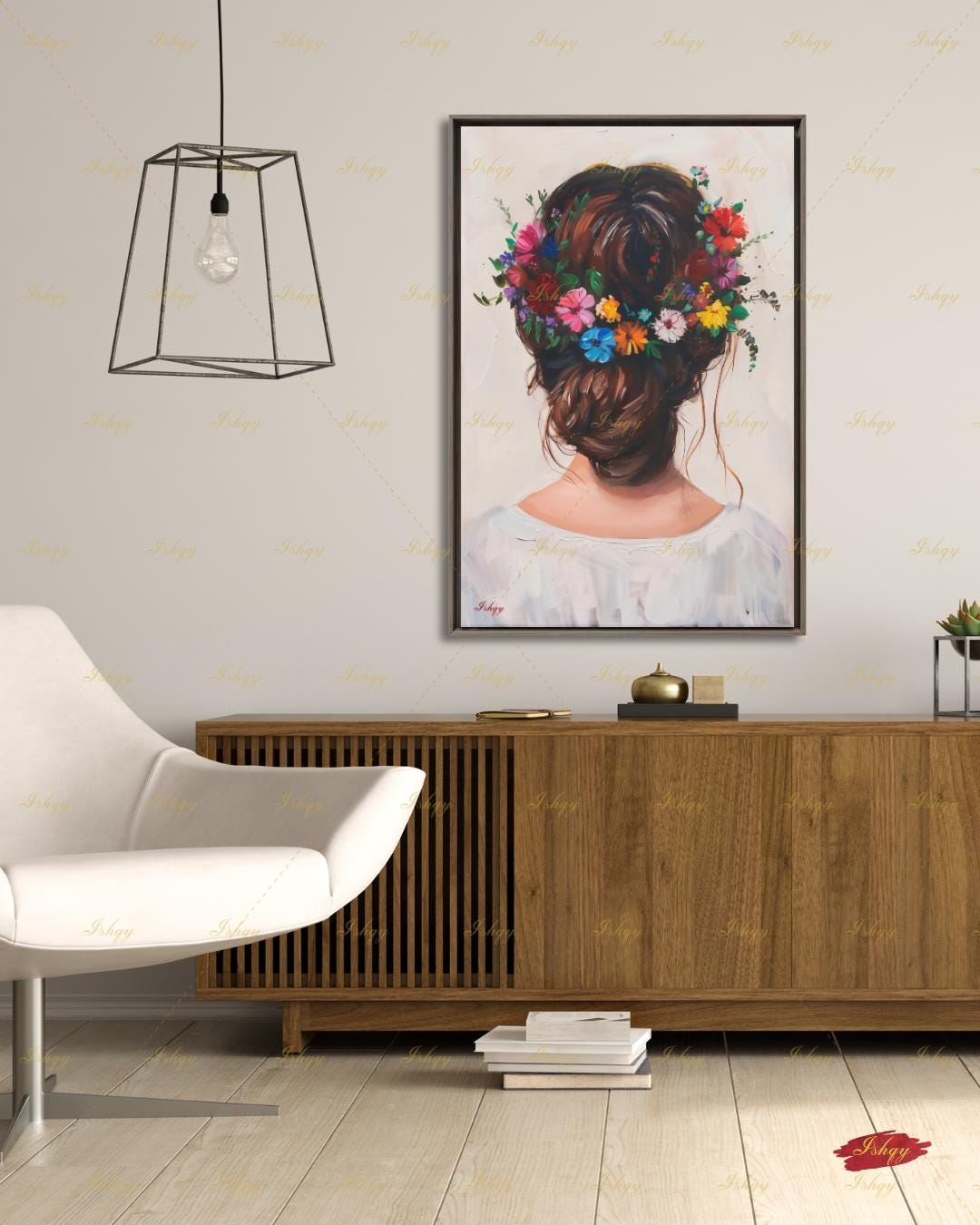 Woman with Flower Crown Wall Art, Floral Hair Canvas Print, Large Framed Bohemian Portrait Decor, Romantic Gift, Impasto Style Painting