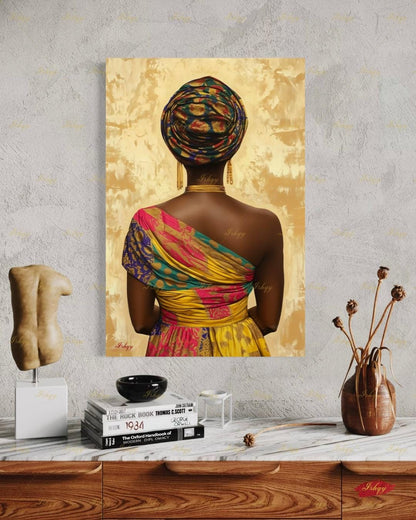 Nigerian Woman Wall Art, African Queen Canvas Print, Large Framed Black Excellence Decor, Afrocentric Heritage Gift, Vibrant Ankara Painting