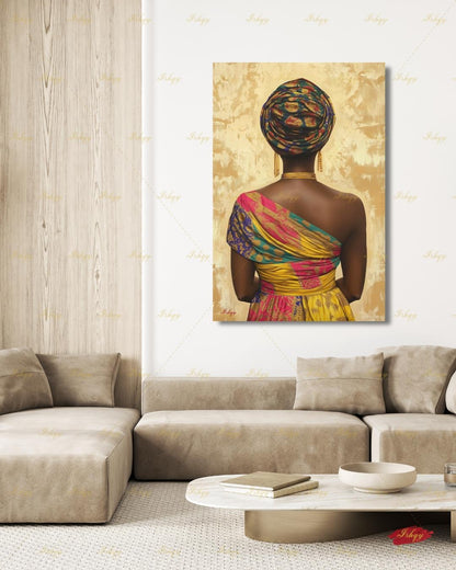 Nigerian Woman Wall Art, African Queen Canvas Print, Large Framed Black Excellence Decor, Afrocentric Heritage Gift, Vibrant Ankara Painting