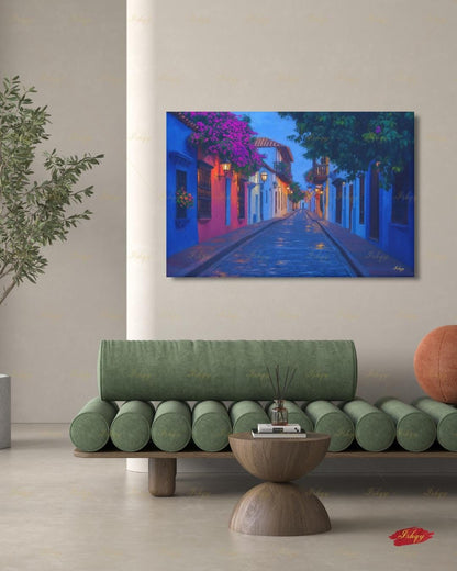 Cartagena Wall Art, Colombia Street Scene Canvas Print, Colorful Colonial Architecture Painting, Latin Travel Decor, Large Living Room Art