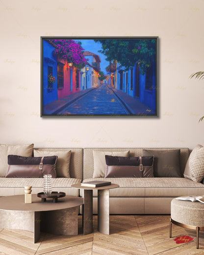 Cartagena Wall Art, Colombia Street Scene Canvas Print, Colorful Colonial Architecture Painting, Latin Travel Decor, Large Living Room Art