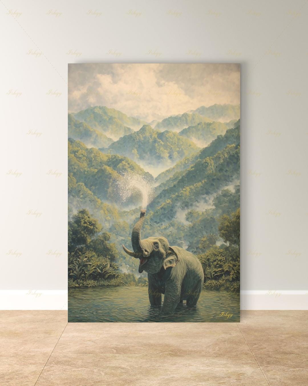 Elephant Wall Art Canvas Print, Misty Jungle Landscape, Tropical Rainforest Wildlife Decor, Safari Nursery Wall Decor, Nature Lover Gift Art