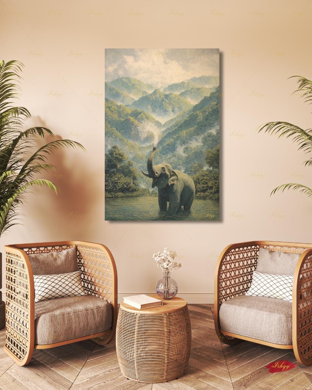 Elephant Wall Art Canvas Print, Misty Jungle Landscape, Tropical Rainforest Wildlife Decor, Safari Nursery Wall Decor, Nature Lover Gift Art