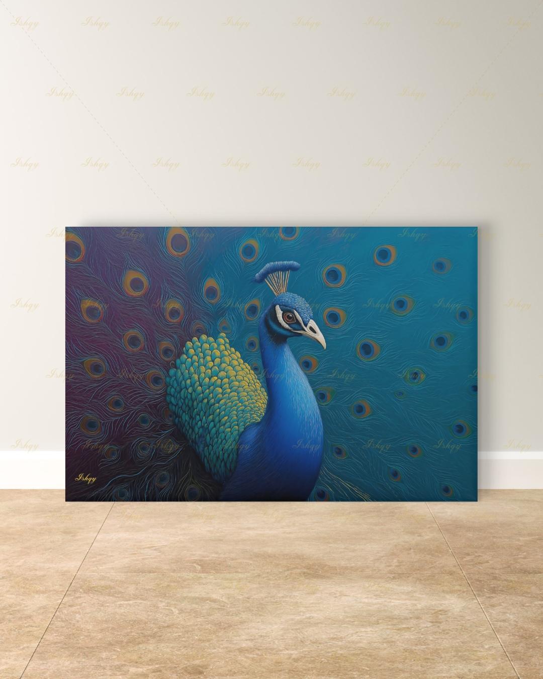 Peacock Wall Art Canvas Print, Blue Teal Bird Painting, Boho Glam Decor, Maximalist Botanical Style, Statement Living Room Artwork