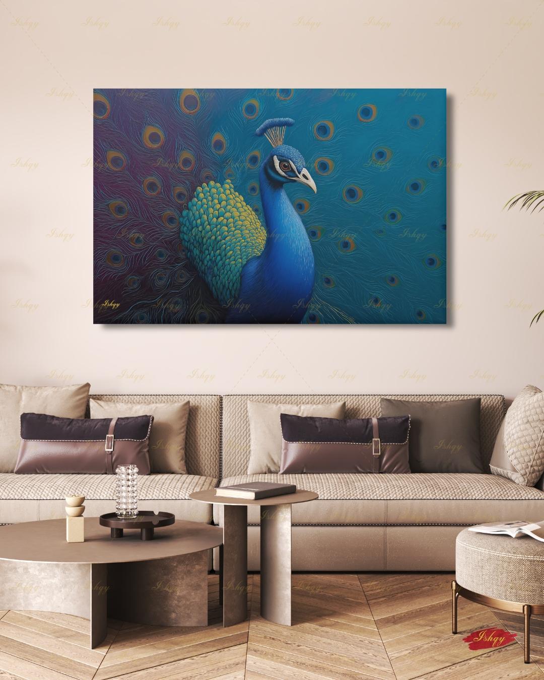Peacock Wall Art Canvas Print, Blue Teal Bird Painting, Boho Glam Decor, Maximalist Botanical Style, Statement Living Room Artwork