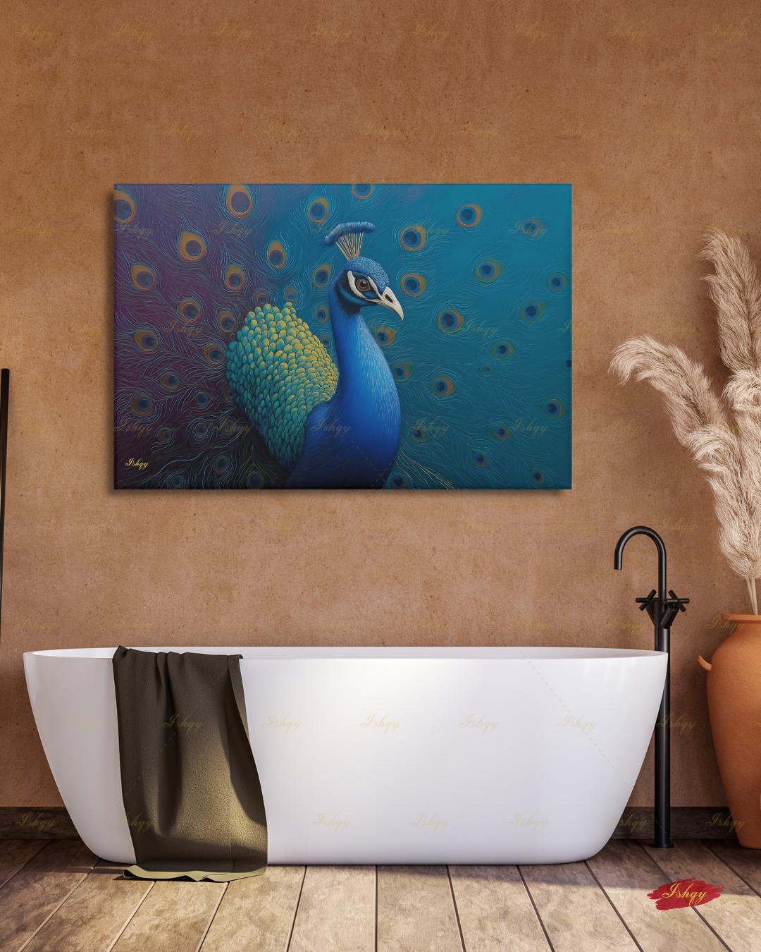 Peacock Wall Art Canvas Print, Blue Teal Bird Painting, Boho Glam Decor, Maximalist Botanical Style, Statement Living Room Artwork