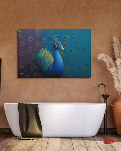 Peacock Wall Art Canvas Print, Blue Teal Bird Painting, Boho Glam Decor, Maximalist Botanical Style, Statement Living Room Artwork
