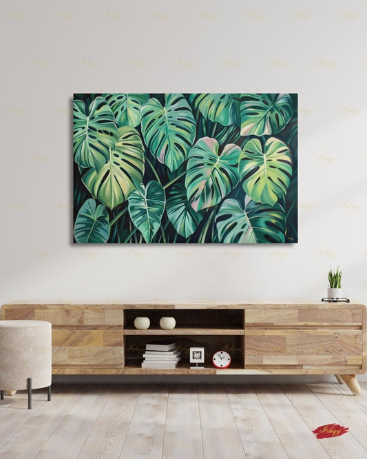Monstera Leaf Wall Art, Tropical Botanical Canvas Print, Green Plant Decor, Modern Jungle Painting, Boho Living Room Bedroom Home Wall Decor