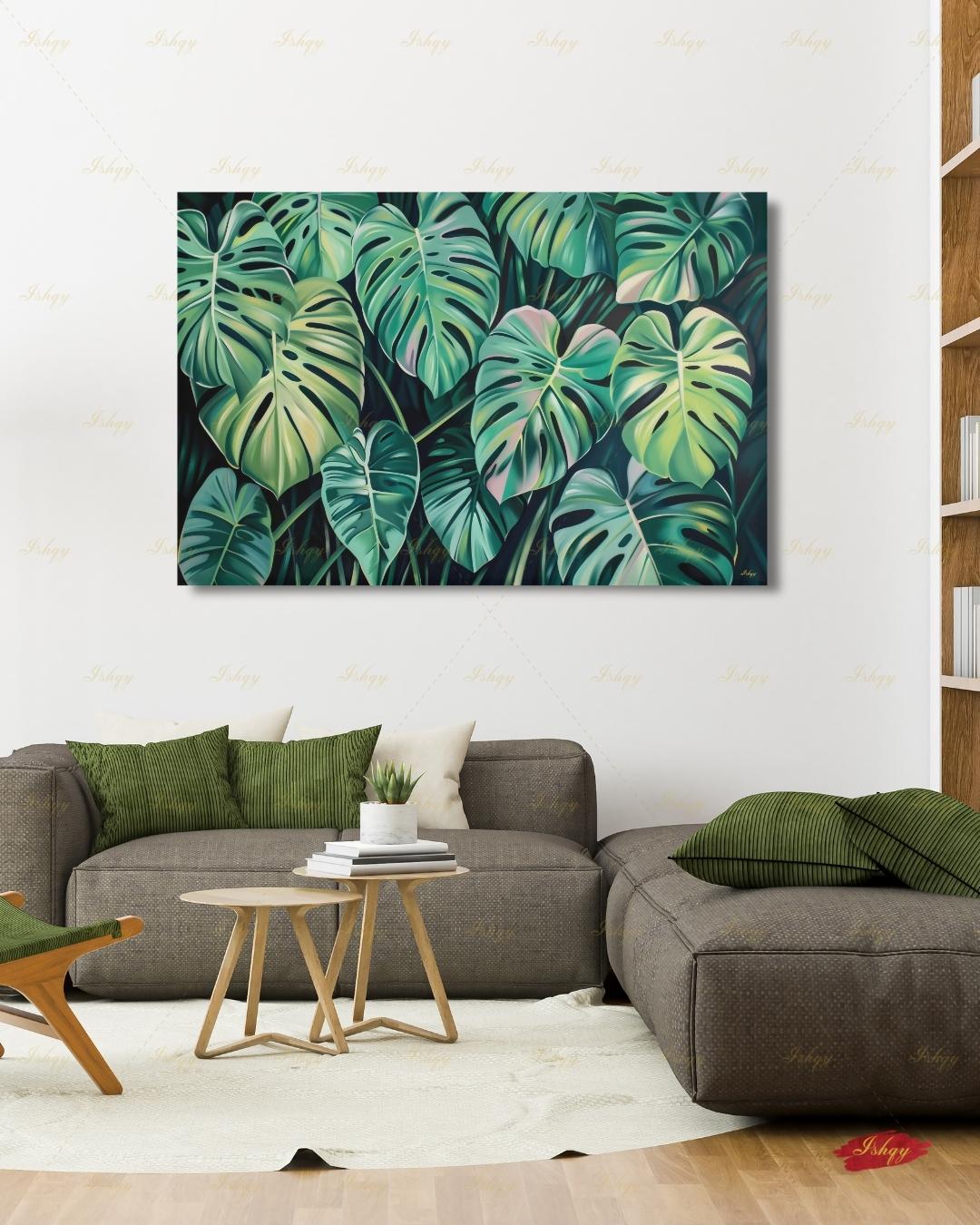 Monstera Leaf Wall Art, Tropical Botanical Canvas Print, Green Plant Decor, Modern Jungle Painting, Boho Living Room Bedroom Home Wall Decor