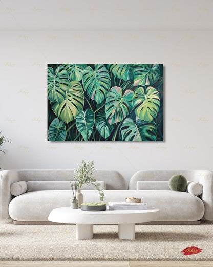 Monstera Leaf Wall Art, Tropical Botanical Canvas Print, Green Plant Decor, Modern Jungle Painting, Boho Living Room Bedroom Home Wall Decor