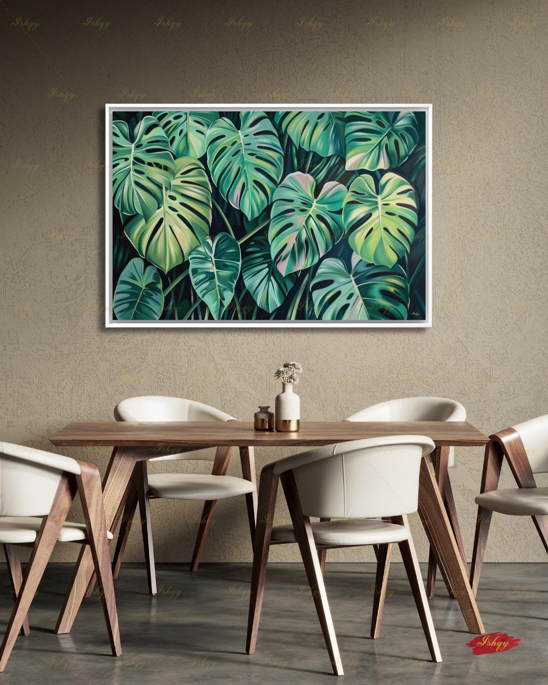 Monstera Leaf Wall Art, Tropical Botanical Canvas Print, Green Plant Decor, Modern Jungle Painting, Boho Living Room Bedroom Home Wall Decor