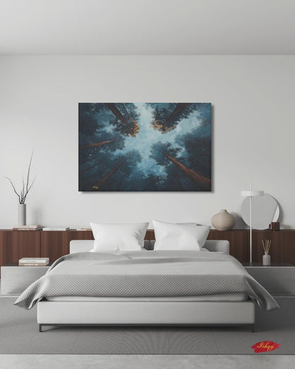 Forest Wall Art, Looking Up Trees Canvas, Misty Redwood Canopy Print, Moody Pine Sky View, Nature Landscape Decor, Large Wall Art Gift Print